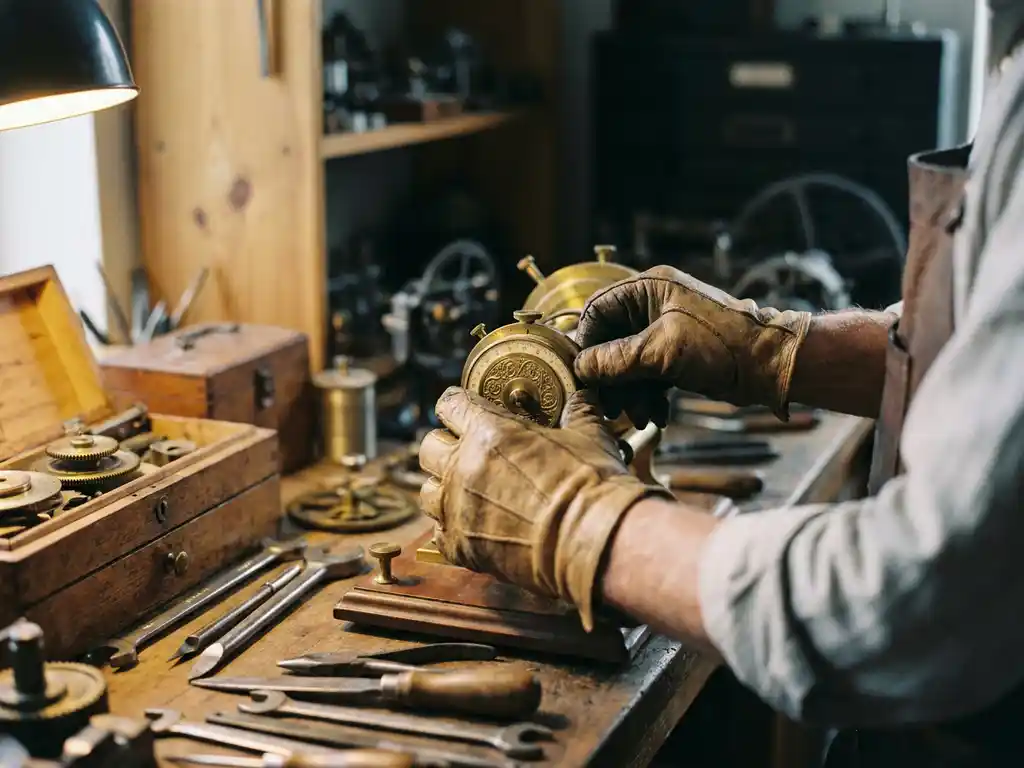 Vakman die nauwkeurig een mechanische messing meter afstelt, met gereedschap op werktafel in warm amberkleurig licht.