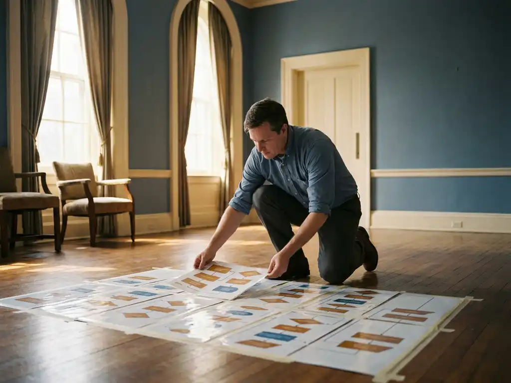 Ambtenaar herschikt laminaatkaarten van een processtroomdiagram op de vloer van een vergaderzaal in een overheidsgebouw.