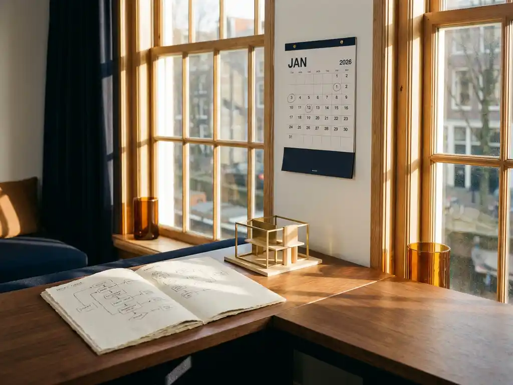 Bureau aan Amsterdamse gracht met open processtroomschema, wandkalender 2026 en architectuurmodel, warm ochtendlicht door hoge ramen.