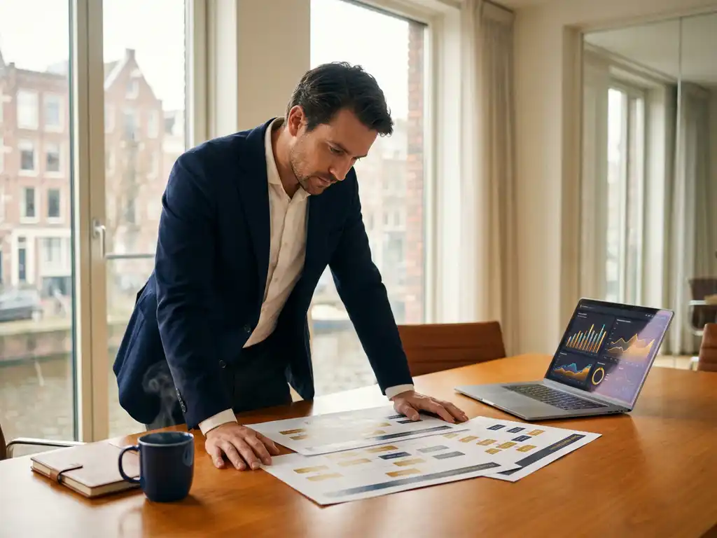 Data-analist bestudeert processtroomdiagrammen naast laptop met prestatiegrafieken in modern Amsterdams kantoor met vloer-tot-plafond ramen.