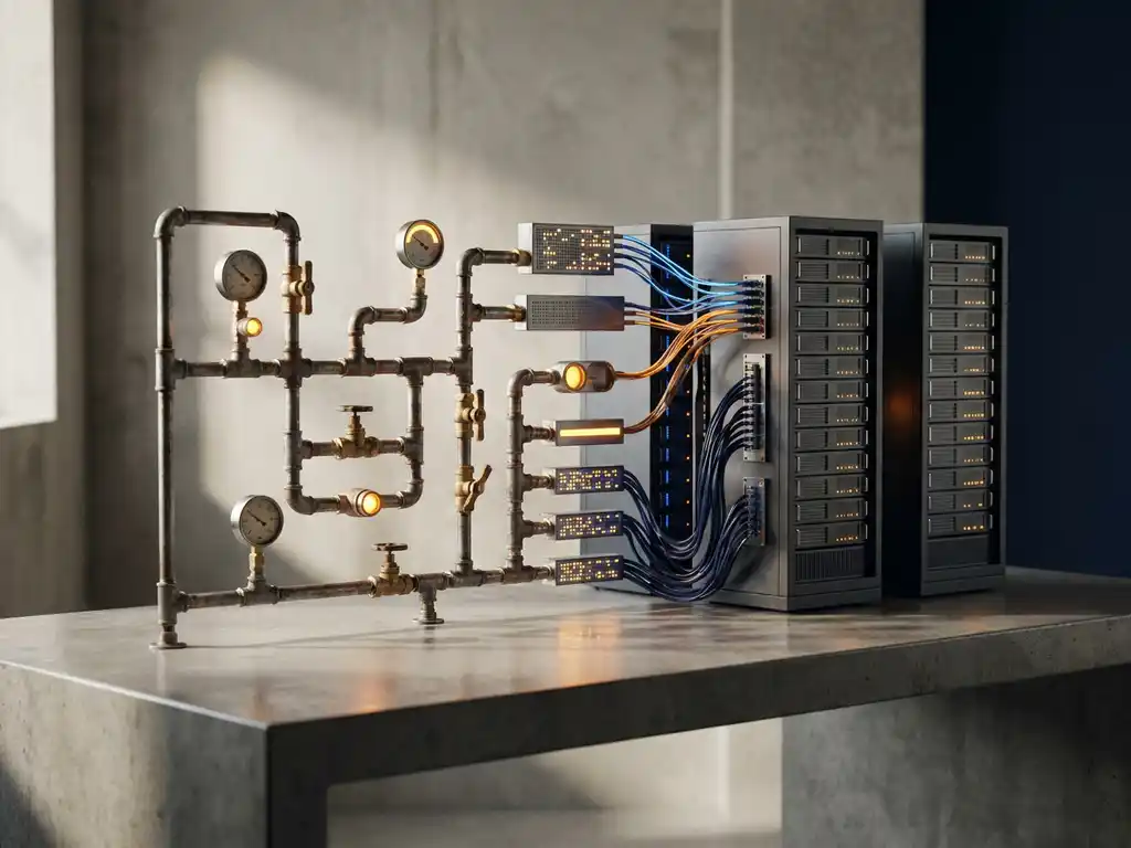 Metalen leidingen en kleppen die naadloos overgaan in moderne serverinfrastructuur op betonnen bureau, symbool voor digitale transformatie.