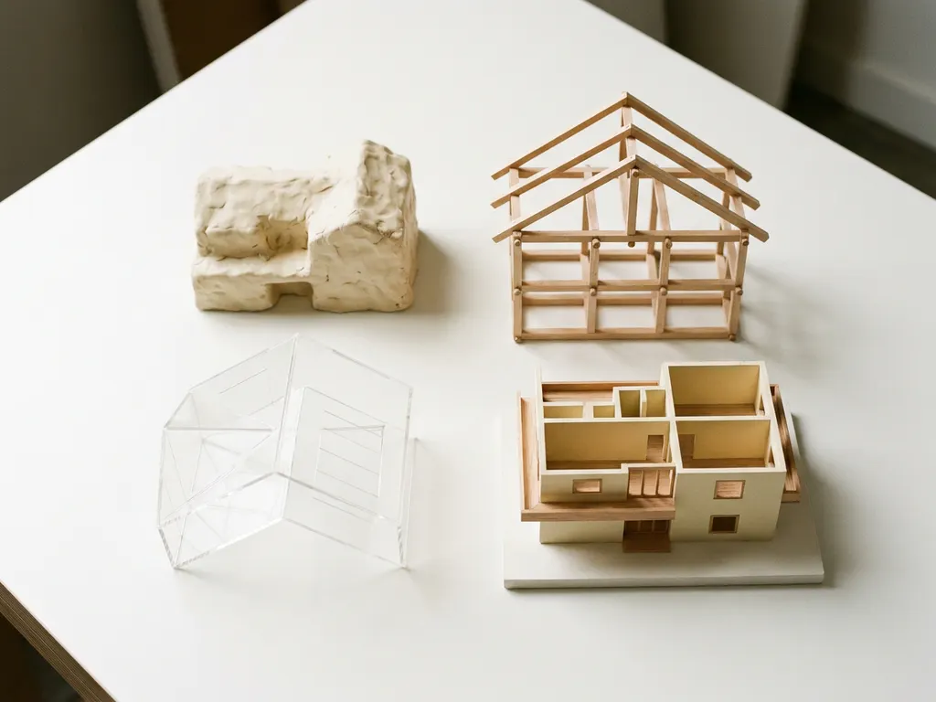 Vier architectuurmaquettes op een witte tafel: ruw kleimodel, houten structuurmodel, transparant acrylmodel en gedetailleerd schaalmodel.