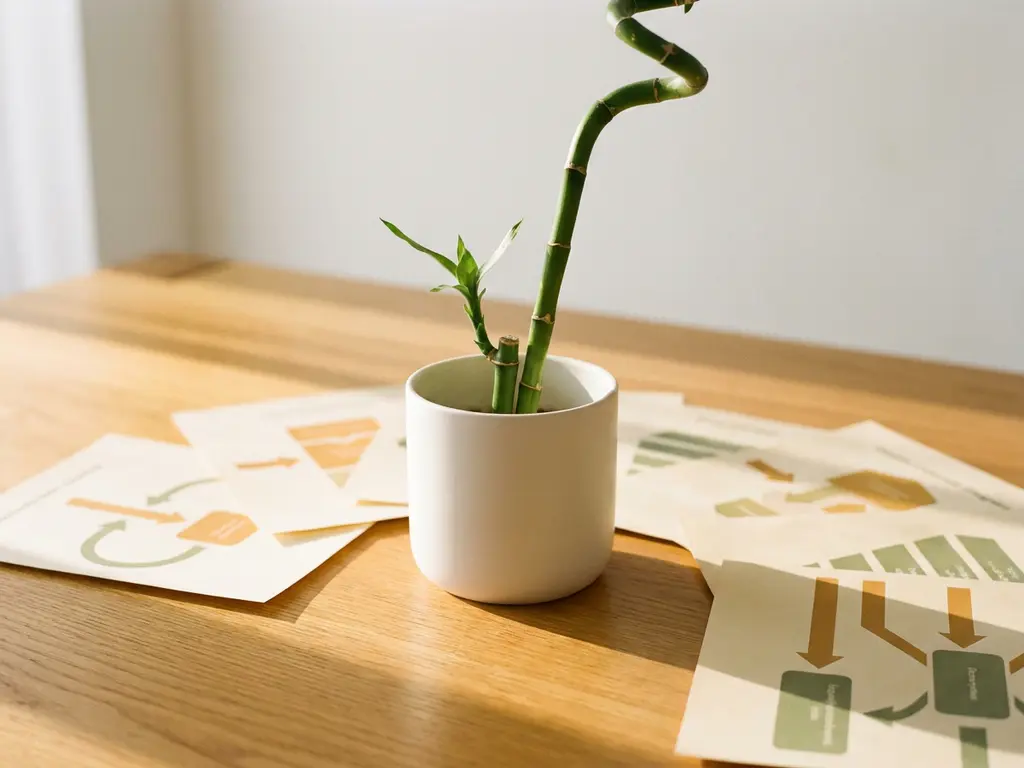 Buigzame bamboestengel in minimalistische keramieken pot op eiken bureau, omringd door processtroomdocumenten in warme amber- en saliegroen tinten.