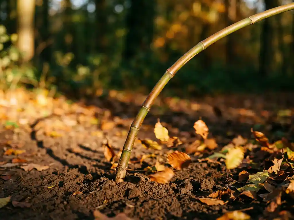 Buigzame bamboetак die soepel meebeweegt met de wind, geworteld in Hollandse kleigrond, omgeven door bewegende herfstbladeren in amberkleurig gouduurlicht.
