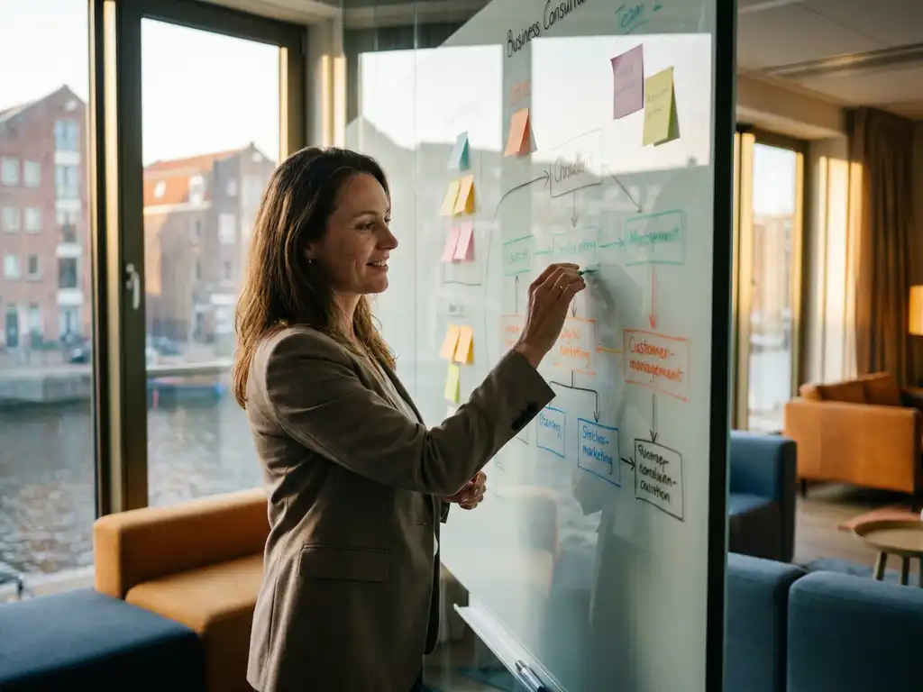 Bedrijfsconsultant wijst processtroomdiagram op glazen whiteboard in modern Amsterdams kantoor met middaglicht.