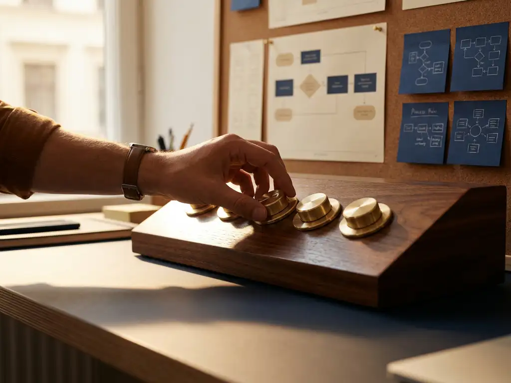Hand die messing bedieningsknoppen op een houten paneel instelt, omringd door processchema's en notities op een modern bureau.