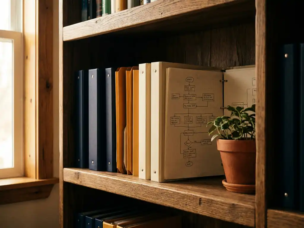 Houten boekenplank met kleurgecodeerde ordners en procesdiagrammen, open map met gestructureerde flowcharts op crèmepapier, klein kamerplantje ernaast.