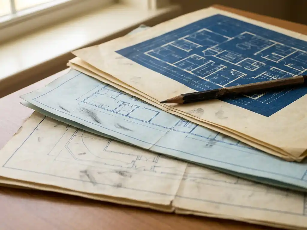 Gelaagde architectonische plattegronden op wit bureau met scherp potlood, in blauwe en crèmekleurige tinten onder natuurlijk licht.
