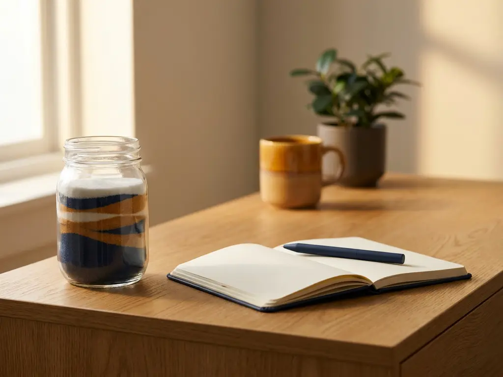 Glazen pot met gekleurde zandlagen op een eikenhouten bureau naast een notitieboek en pen, zachte gouden kantoorverlichting.