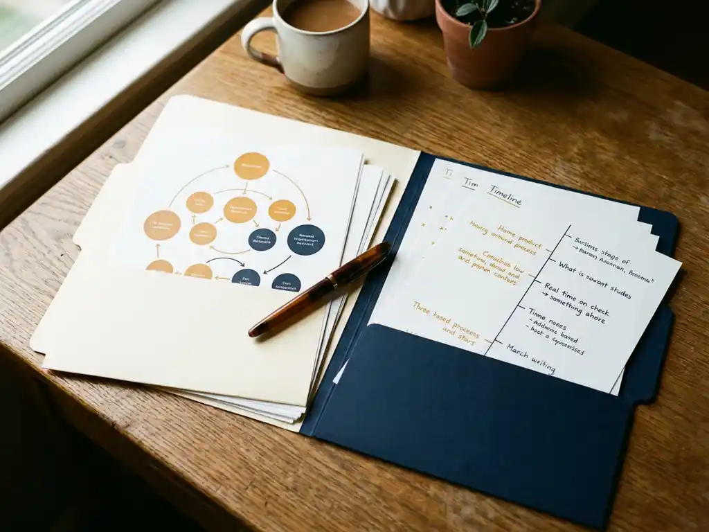 Bovenaanzicht van een eiken bureau met twee overlappende projectmappen — één met circulaire workflowdiagrammen, één met tijdlijnvellen — verbonden door een pen.
