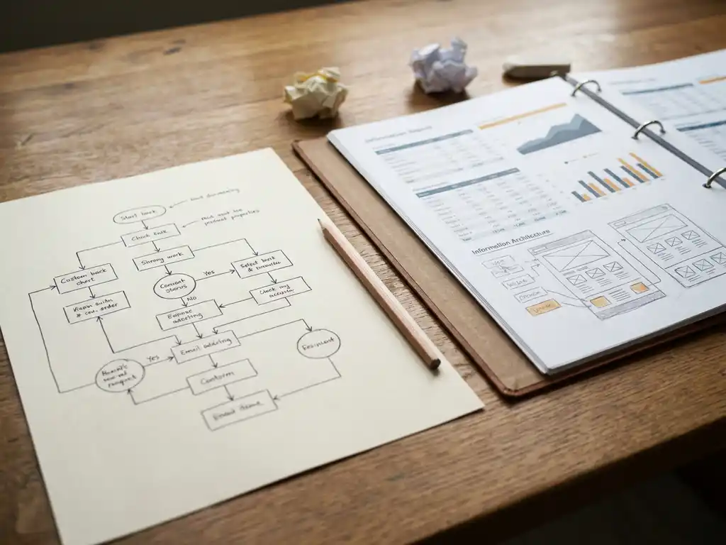 Bovenaanzicht van een eikenhouten bureau met een stroomschema op crèmepapier, een open map met datatabellen en een potlood dat beide documenten verbindt.