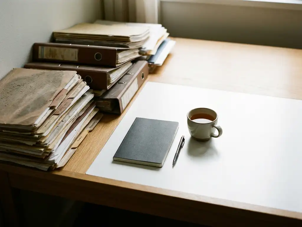 Stapel stoffige bureaucratische mappen opzijgeschoven op modern bureau, met slechts een notitieboek en koffiekop als symbool van vereenvoudiging.