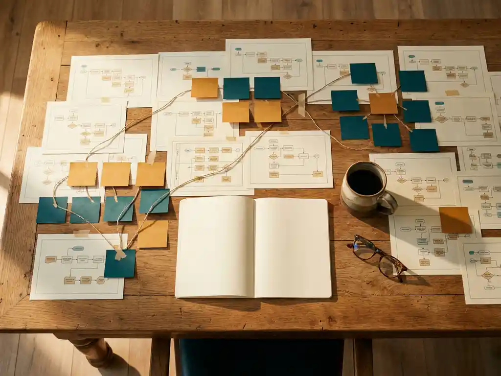 Bovenaanzicht van een houten bureau met processtroomdiagrammen, amber en groene sticky notes in clusters, een open notitieboek en een koffiemok.