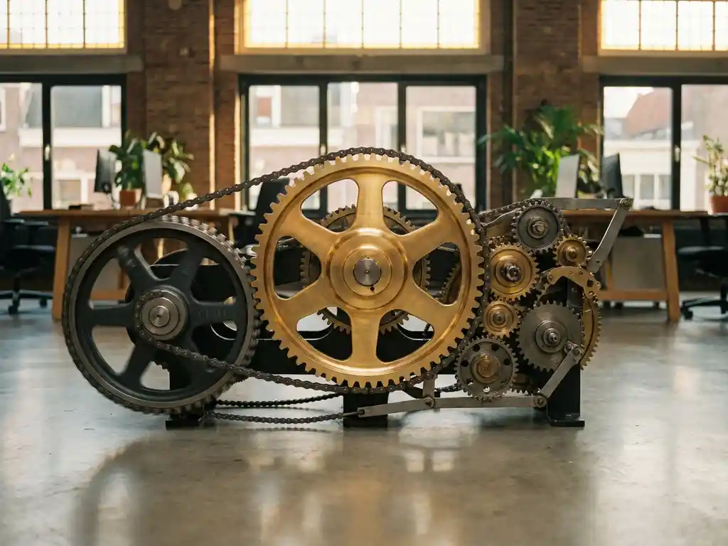 Gouden tandwiel als centraal aandrijfmechanisme in een stelsel van kleinere stalen tandwielen op betonnen ondergrond.