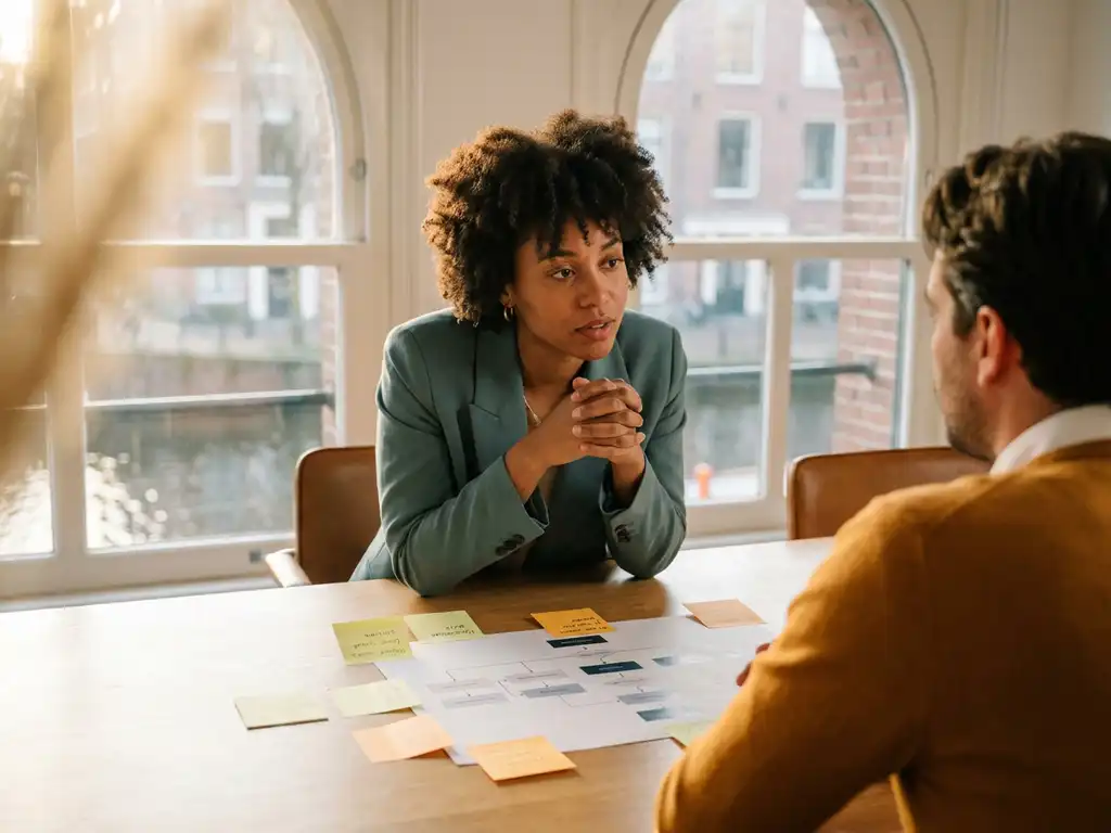 Consultant leunt voorover naar klant aan vergadertafel met processtroomschema en sticky notes, warm Amsterdams kantoor op de achtergrond.