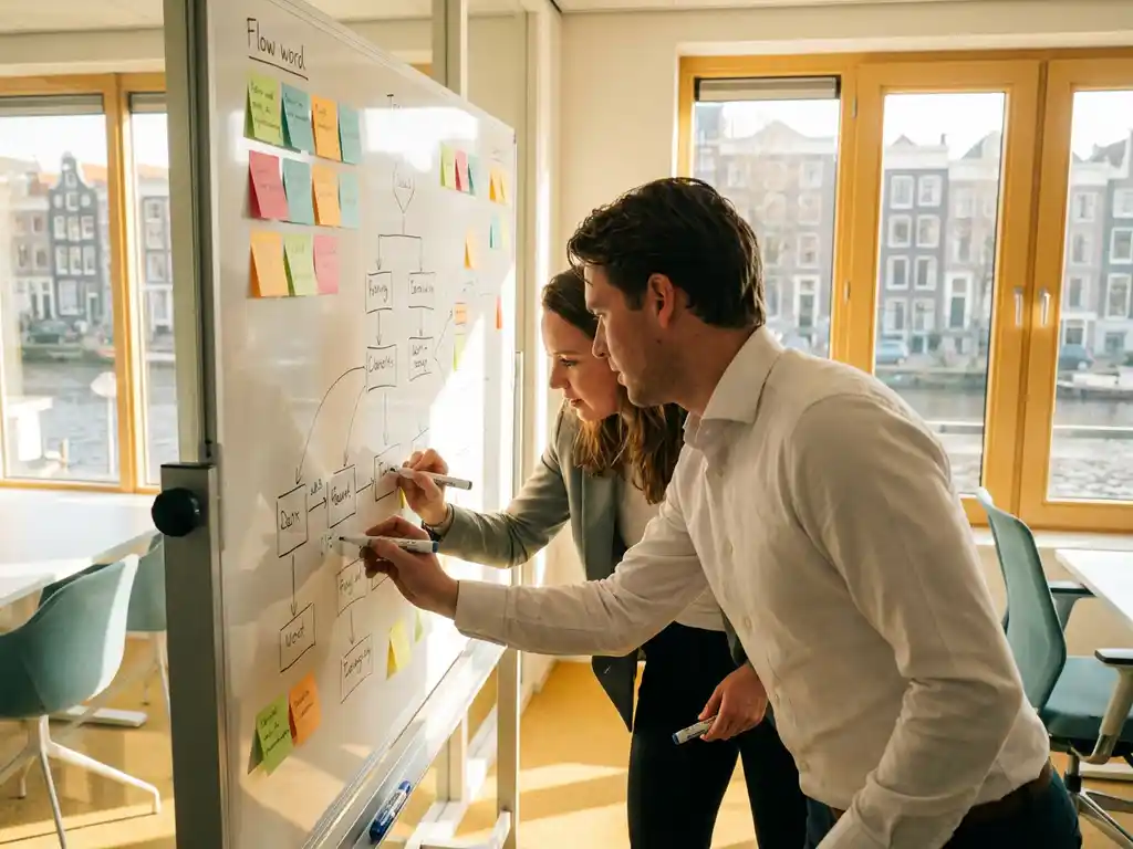 Consultant en klant schrijven samen aan een whiteboard vol kleurrijke sticky notes en procesdiagrammen in een modern Amsterdams kantoor.