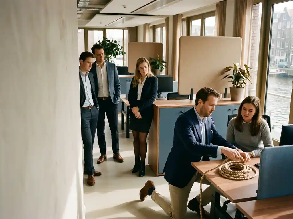 Consultant helpt collega een verward touw ordenen op een modern kantoor in Amsterdam, collega's kijken toe in warm natuurlijk licht.
