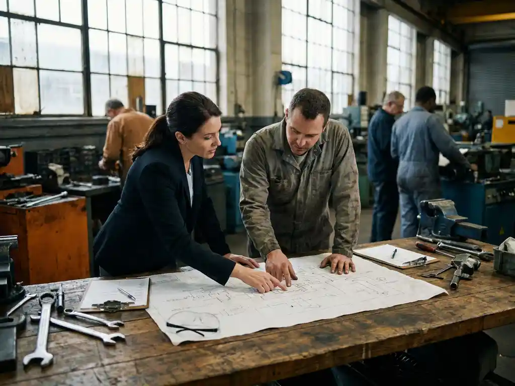 Consultant en fabrieksmedewerker bestuderen samen een processtroomdiagram aan een werktafel op de productievloer.