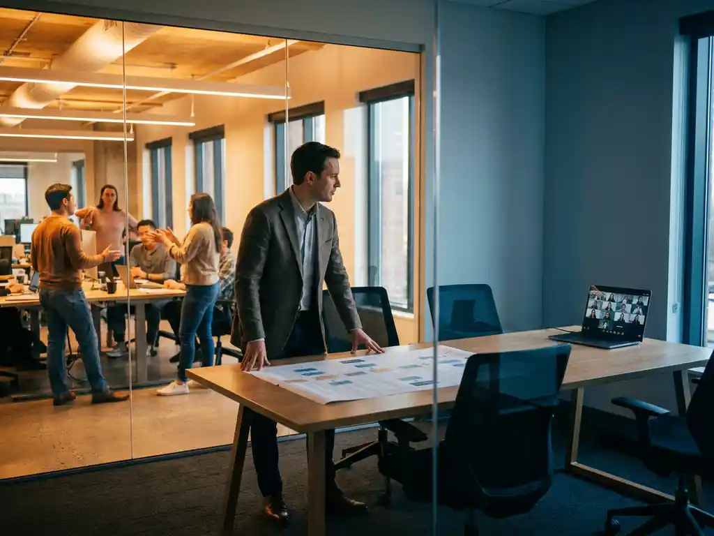 Consultant bij glazen kantoorwand tussen druk samenwerkend team en laptop met videogesprek, processtroomschema op centrale tafel.