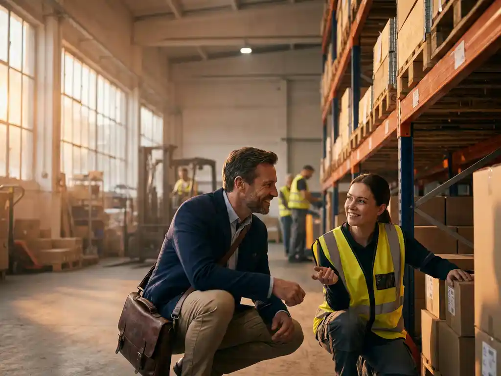 Consultant in smart casual kleding op ooghoogte in gesprek met magazijnmedewerker in veiligheidsvest naast industriële stellingen.
