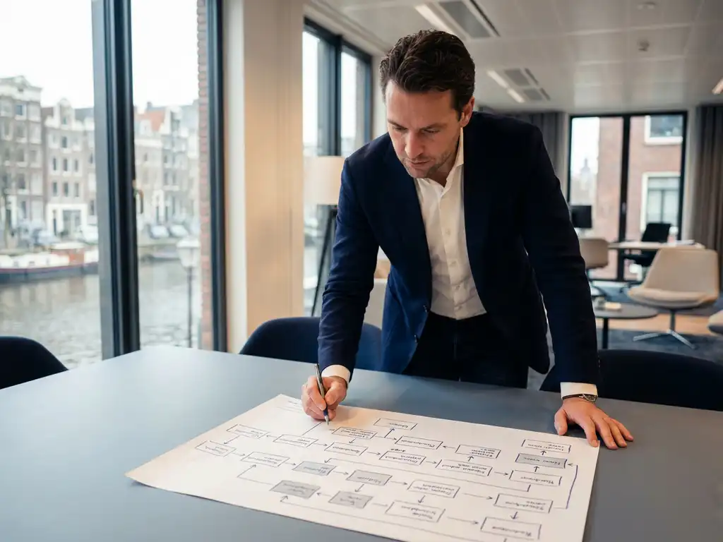 Consultant buigt over conferentietafel en bestudeert processtroomdiagram, pen in hand, modern Amsterdams kantoor op de achtergrond.
