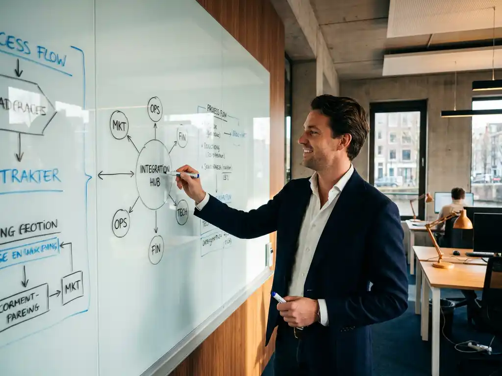 Consultant wijst naar centraal knooppunt op glazen whiteboard met processtroomdiagrammen in modern Amsterdams kantoor.