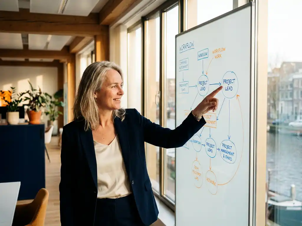 Consultant wijst naar een rolnode in een processtroomdiagram op whiteboard, modern Amsterdams kantoor met grote ramen en warm daglicht.