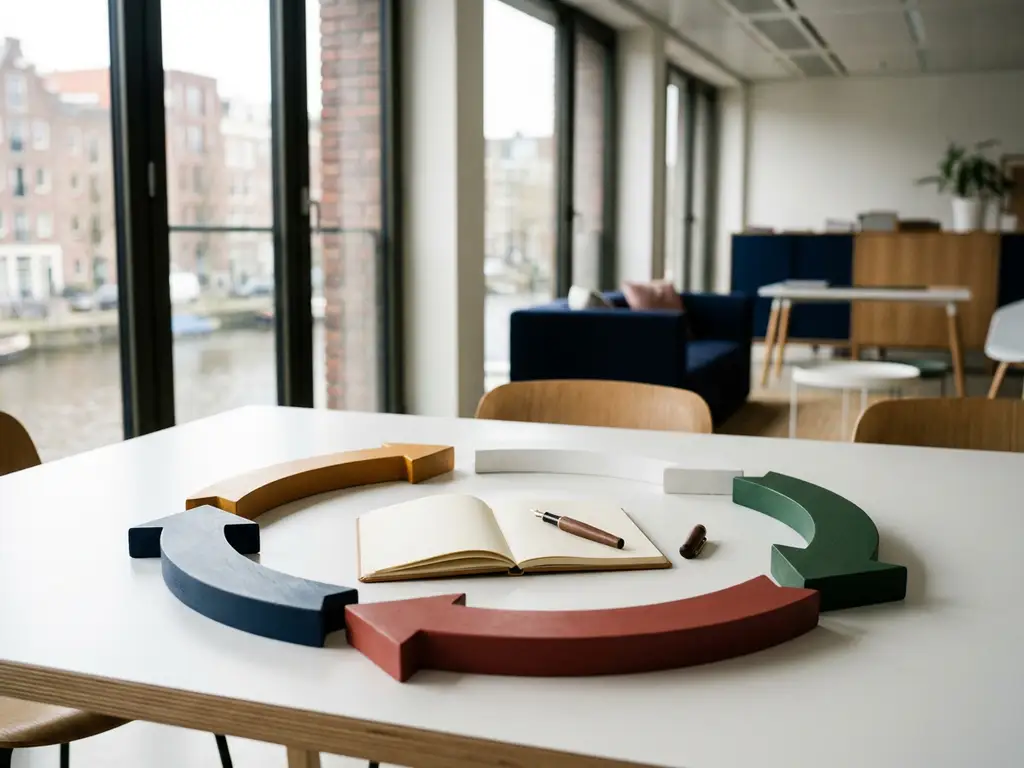 Vijf kleurgecodeerde processtappen in een circulaire managementcyclus op een vergadertafel met opengeslagen notitieboek, Amsterdams kantoor.