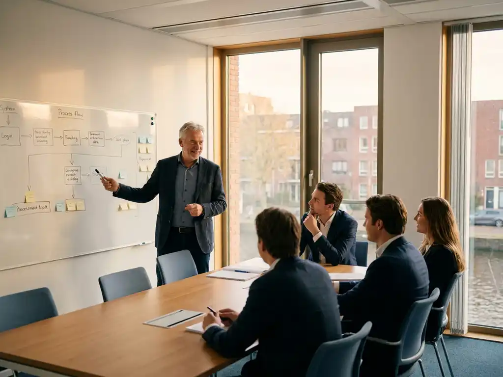 Ervaren consultant bij whiteboard met procesdiagrammen tijdens teamoverleg in licht Amsterdams kantoor.