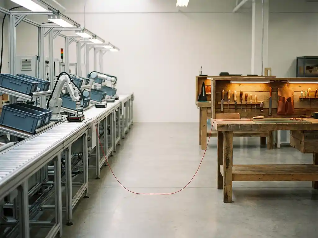 Fabrieksassemblagelijn die overvloeit in een minimalistische werkbank met gereedschap, verbonden door een rode draad in warme industriële ruimte.