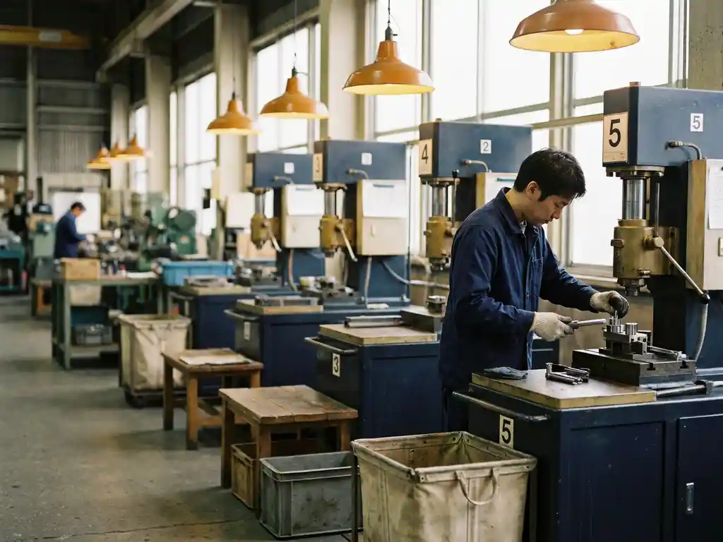 Fabrieksmedewerker plaatst laatste onderdeel in georganiseerde assemblagelijn met vijf werkstations onder warm amberkleurig licht.