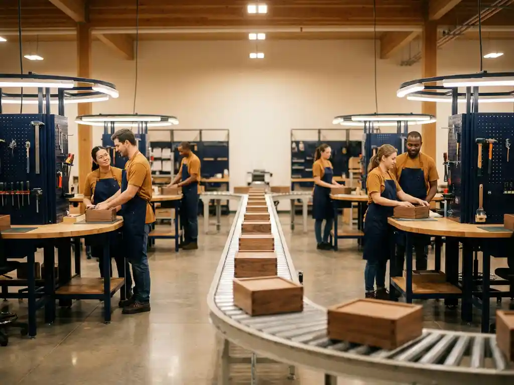 Fabrieksmedewerkers werken samen rond een centraal transportband met vier werkstations in een circulaire opstelling, verlicht door warm amberkleurig licht.