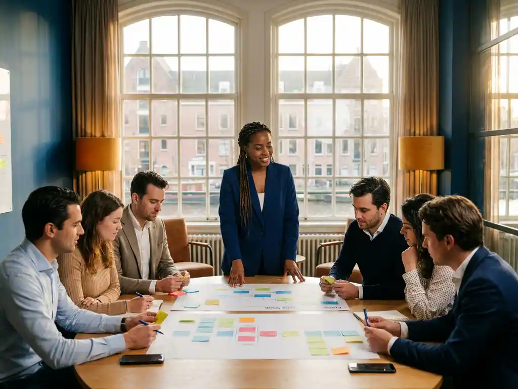 Facilitator begeleidt diverse collega's rond een ronde werktafel met plakbriefjes en proceskaarten in een licht Amsterdams kantoor.