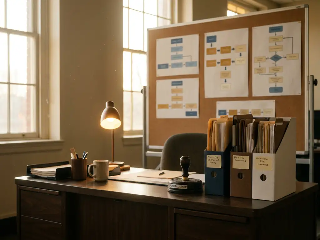 Georganiseerd gemeentelijk bureau met kleurgecodeerde stroomdiagrammen op prikbord, officieel stempel en geordende dossiermappen in warm middaglicht.