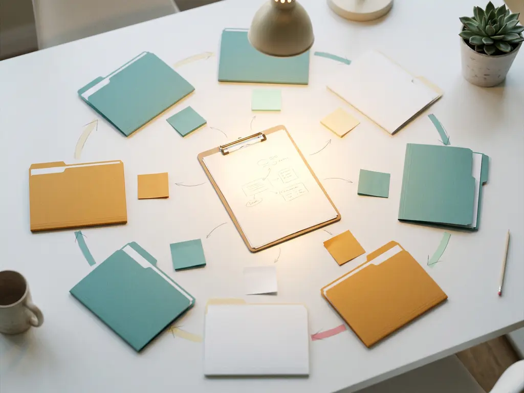Kleurgecodeerde mappen, sticky notes en klembord in cirkelvormige workflow op wit bureau, verlicht door warm directioneel licht.