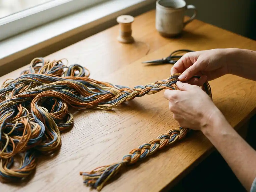 Handen die gekleurde draden op een eikenhouten bureau omvormen van een wirwar naar één strakke vlecht, warm goudlicht van opzij.