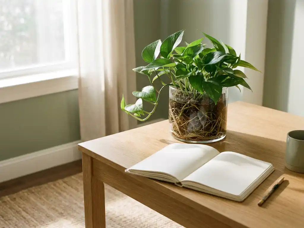 Gezonde groene plant met zichtbare wortels in glazen pot op modern houten bureau naast open notitieboek, zacht natuurlijk licht.