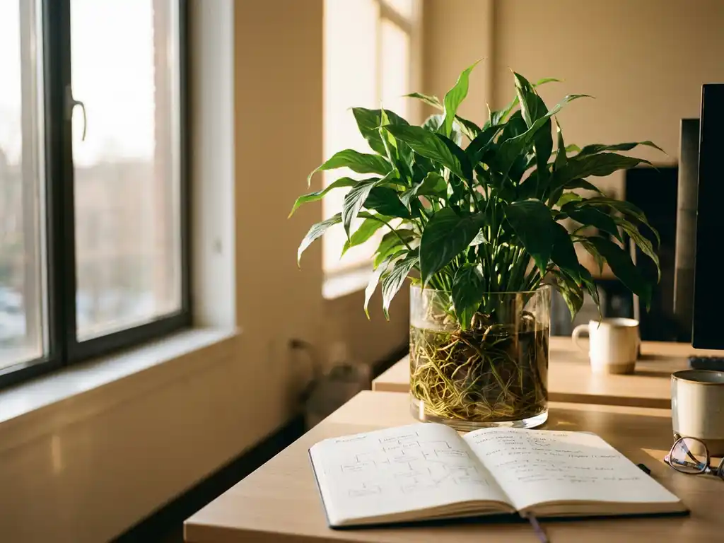 Groene plant met zichtbare wortels in glazen pot op modern bureau naast open processtroomdiagram, warm ochtendlicht.