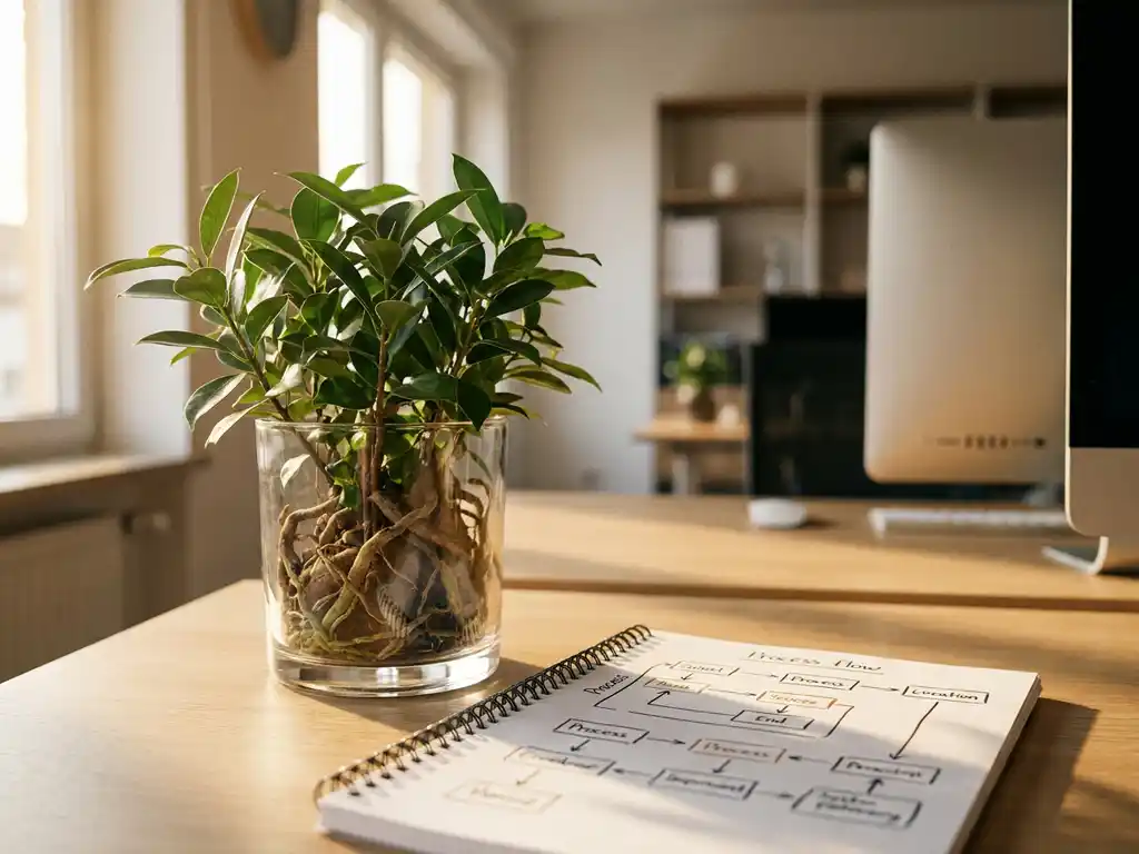 Groene plant met zichtbare wortels in glazen pot op modern bureau naast notitieboek met processchema, warm ochtendlicht.