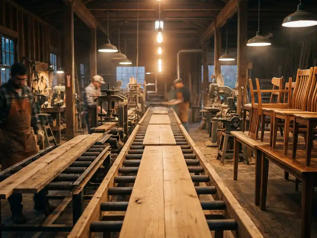 Houten assemblagelijn in warme amberlicht, van ruwe materialen naar afgewerkt product, met eiken tinten en diepe schaduwen.