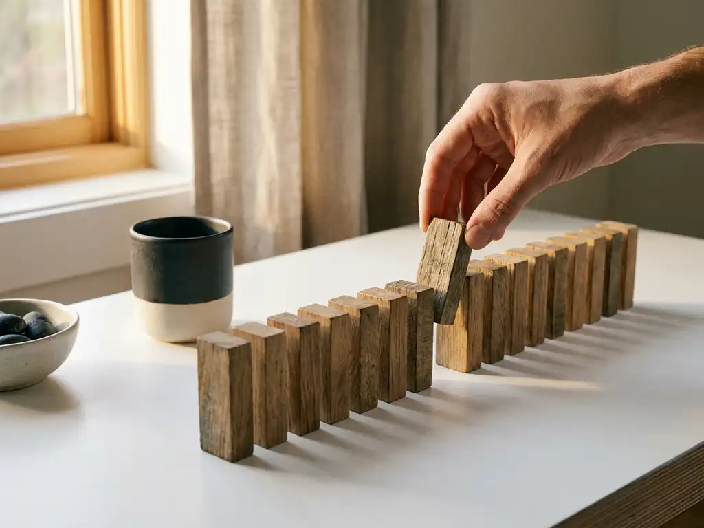 Hand die het laatste houten blok op een rij plaatst op een wit bureau, warm gouden licht, onscherpe achtergrond.