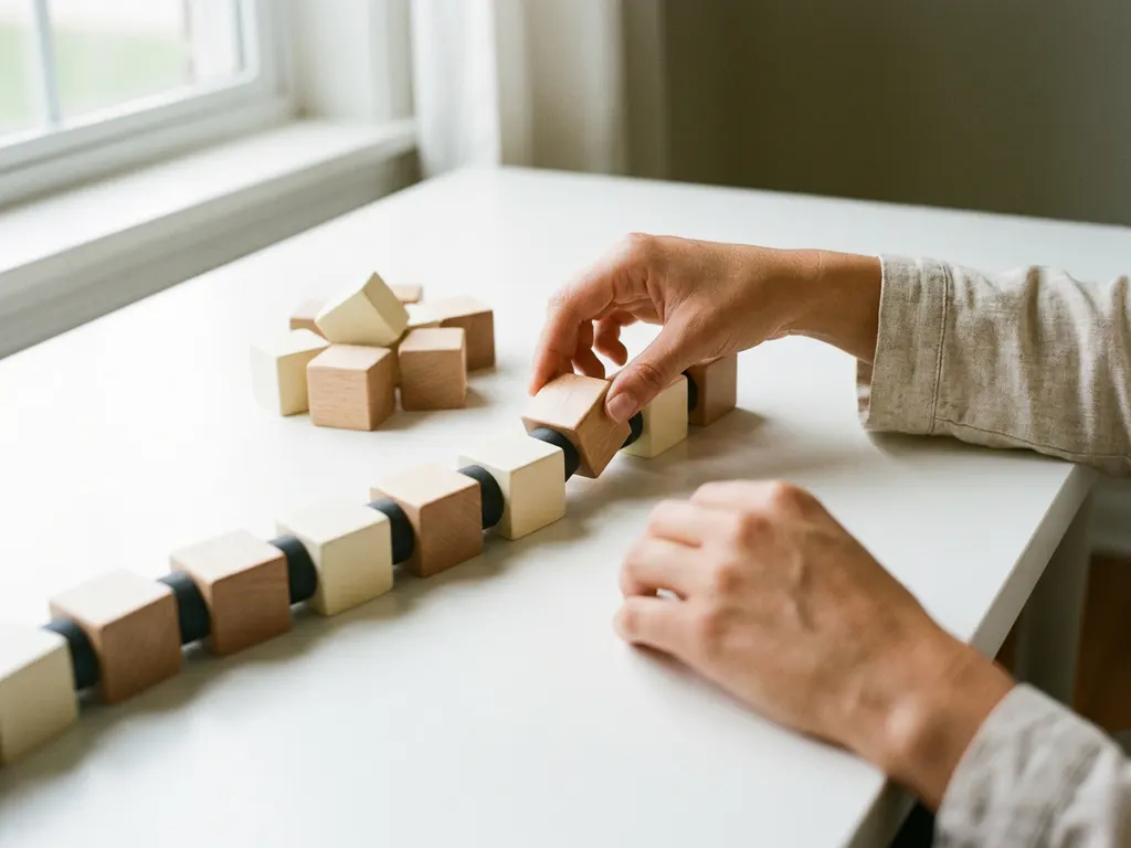 Handen die houten blokken in een vloeiende volgorde rangschikken op een wit bureau, symboliserend procesoptimalisatie.