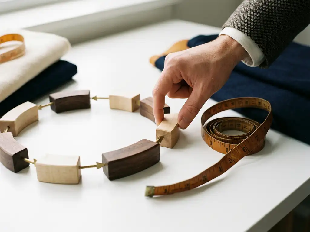 Hand plaatst laatste houten blok in cirkelvormig stroomdiagram op wit bureau, verbonden met messing pijlen.