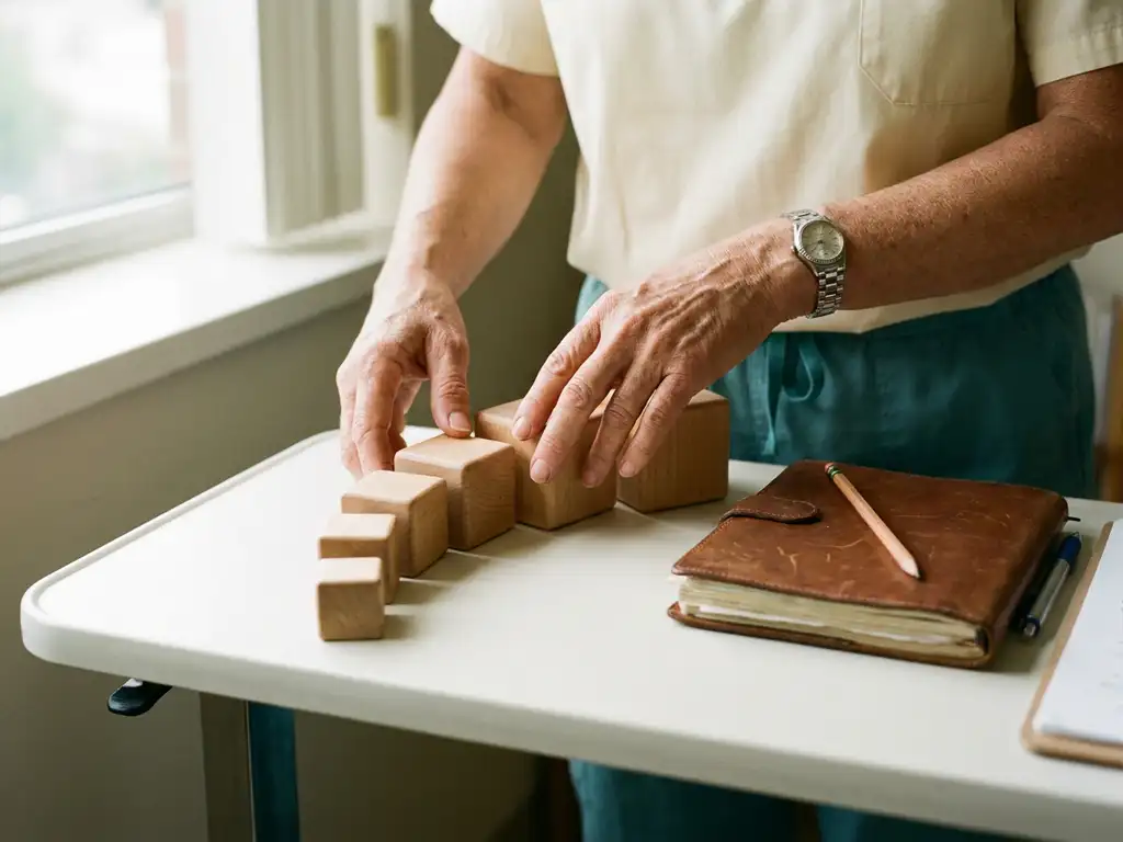 Verpleegkundige handen die zes houten blokken in oplopende grootte rangschikken op een witte ondergrond, met notitieboek en pen erbij.