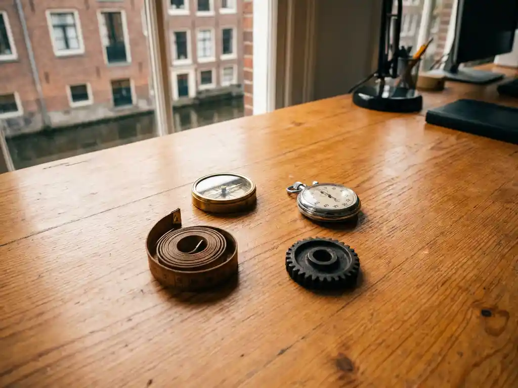 Kompas, stopwatch, meetlint en tandwiel op houten bureau in platte lay-compositie, symbolen voor kernprocessen in moderne kantooromgeving.