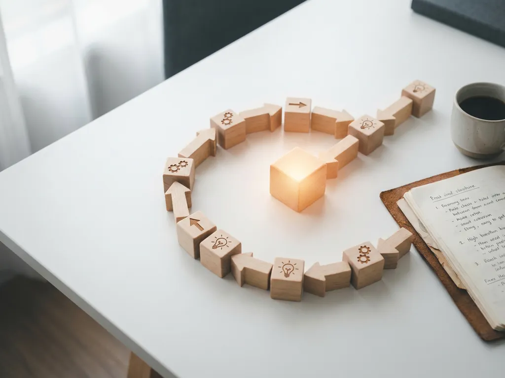 Circulair procesdiagram van houten blokken op conferentietafel, één blok verlicht in amber, met notitieboek en koffiekop erbij.
