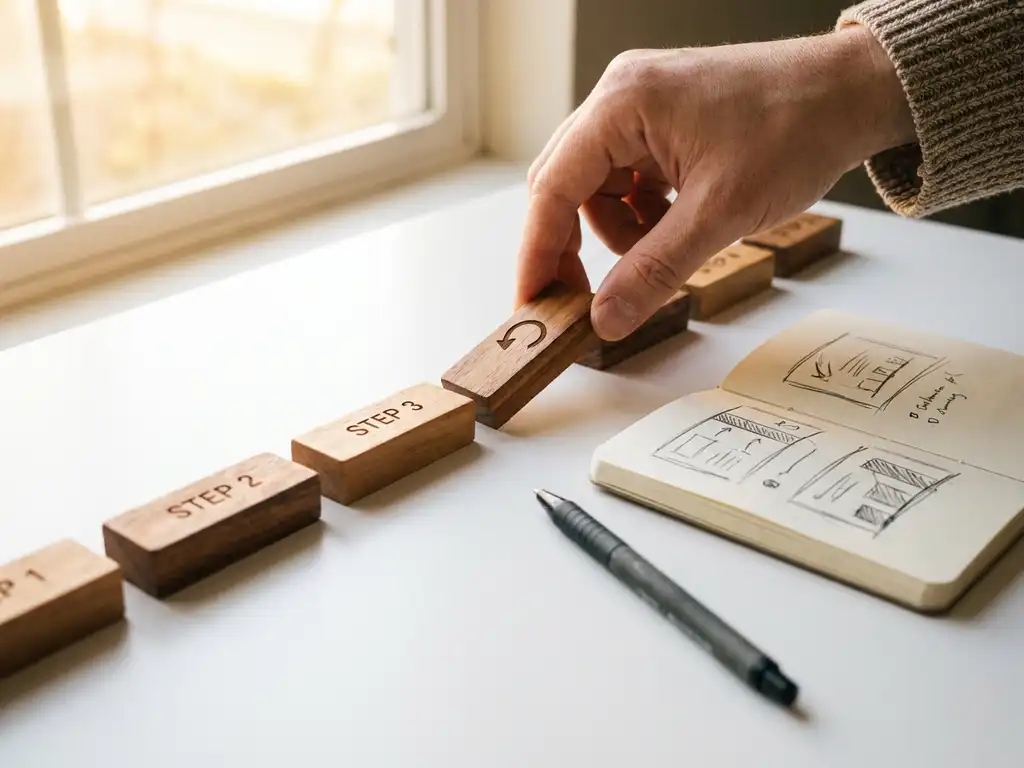 Consultant die houten procesblokken in een sequentiële volgorde rangschikt op een wit bureau, met een open notitieboek ernaast.