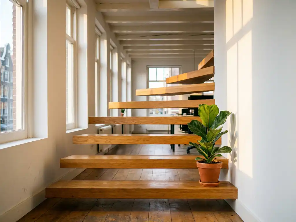 Houten spiraaltrap met zeven treden in een licht, minimalistisch Amsterdams kantoor, met een groene plant aan de voet.