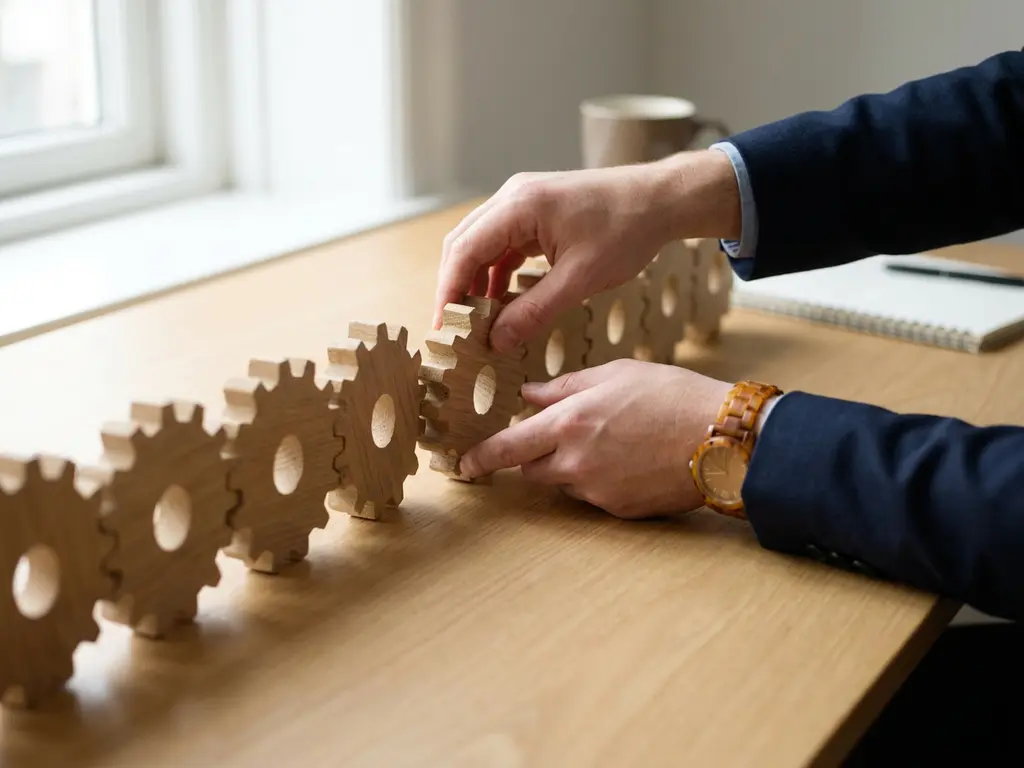 Consultant repositioneert een uitgelijnde houten tandwiel in een reeks op een eikenhouten bureau, zacht natuurlijk licht.