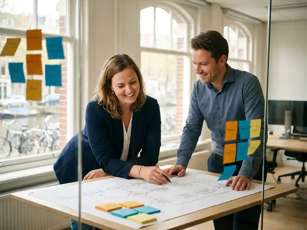 HR-professional en procesconsultant bekijken samen een workflowdiagram op een modern bureau in een licht Amsterdams kantoor.